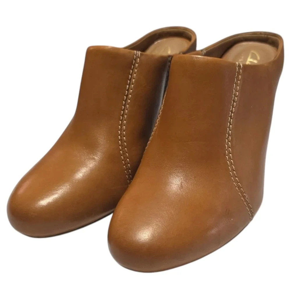 Clarks Artisan Womens 7 Tan Leather Wedge Mules Almond Toe Shoes